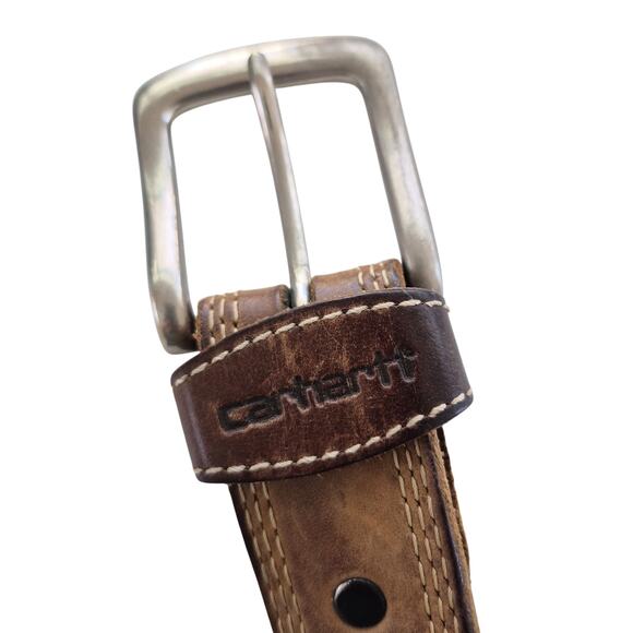 Carhartt Work Belt Mens Sz 38 Brown Leather Silver Buckle Outdoor Casual - Picture 3 of 7